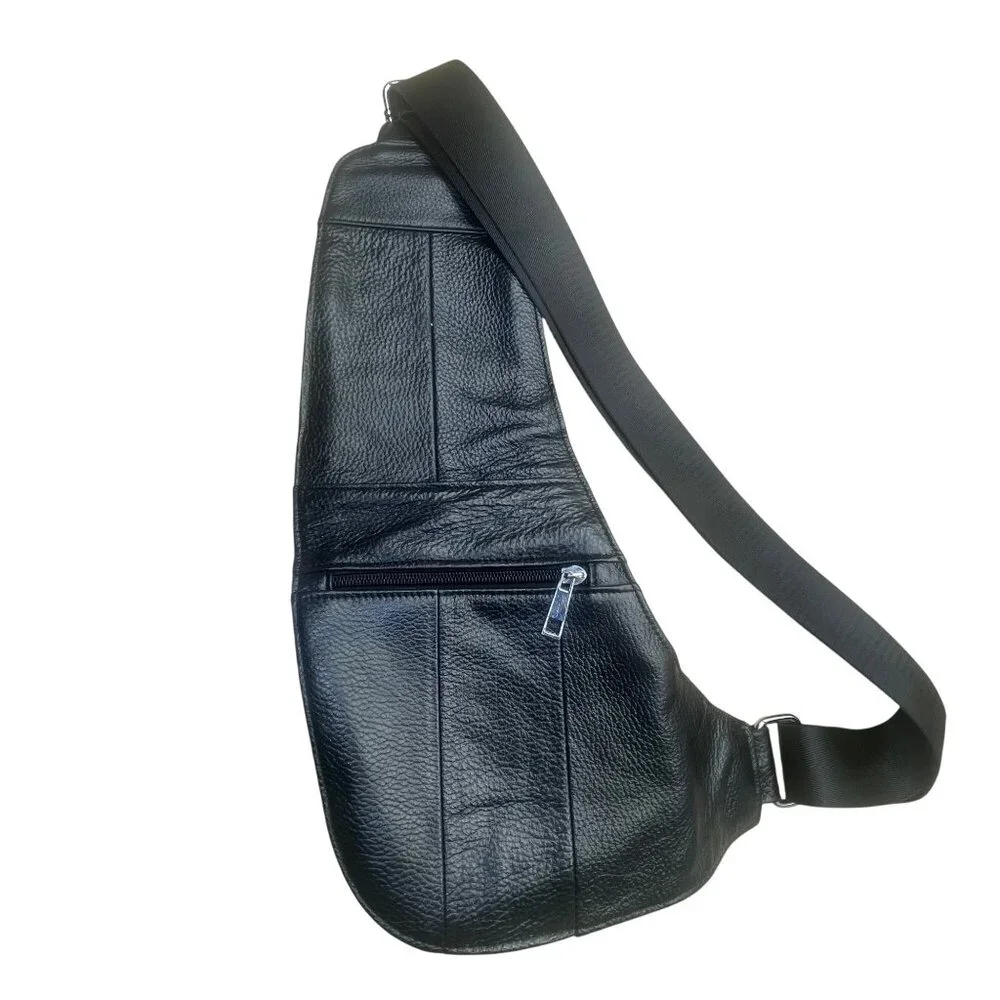 Yi Ang Men’s Black Faux Leather Multiple Zipper Pockets Crossbody Sling Bag